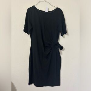 NWT White House Black Market Black Midi Dress SideTie Beaded Size Medium Spandex